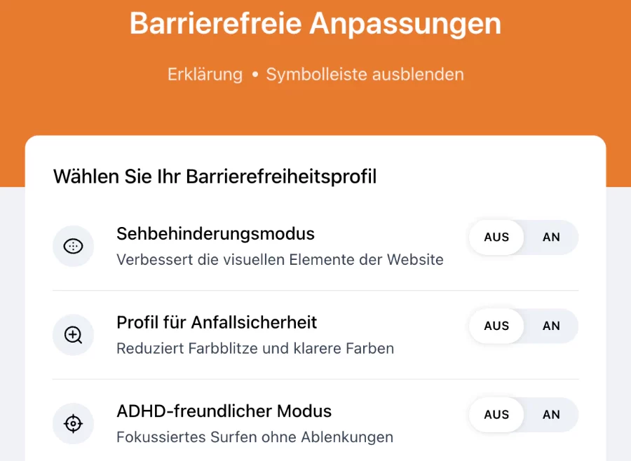 Screenshot der neuen Funktionen zur Barrierefreiheit