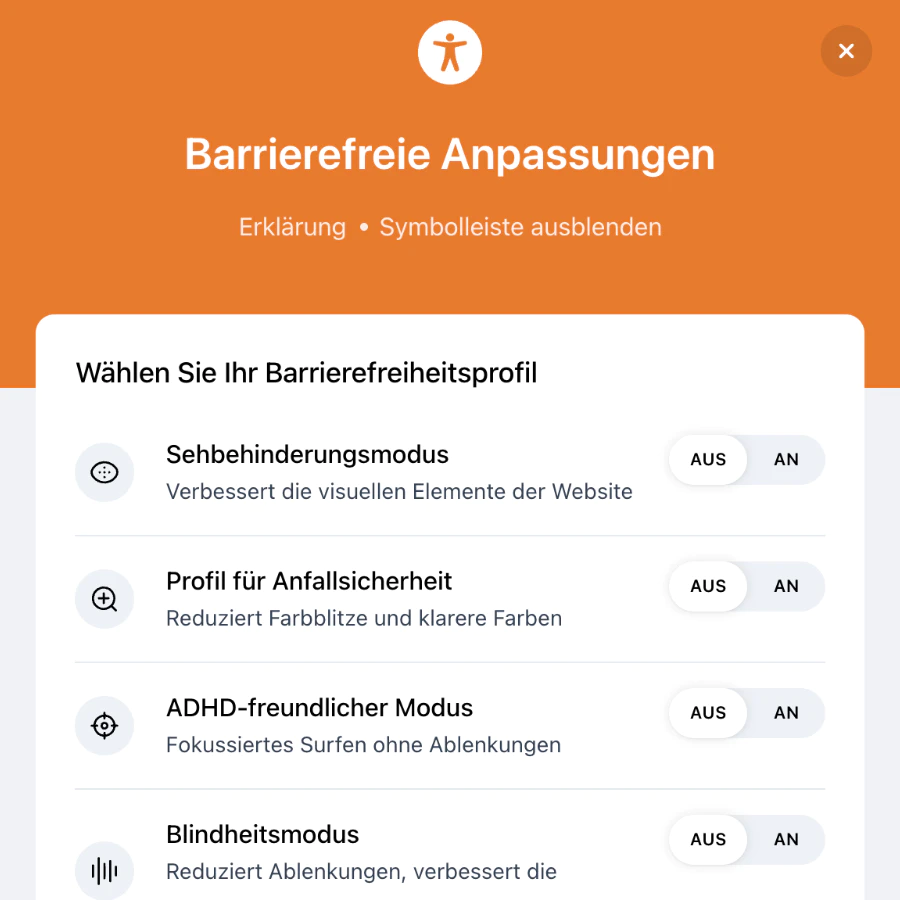 Screenshot der neuen Funktionen zur Barrierefreiheit